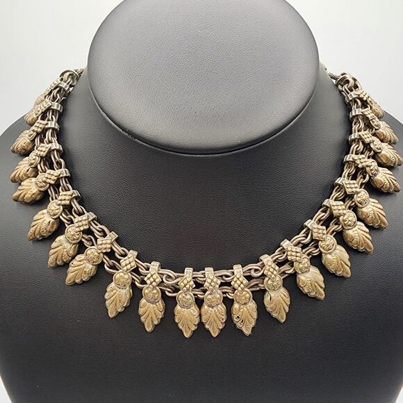 Antique Gilt Brass Leaf Fringe Bib Necklace Austrian Bohemian c1918–1930 S-Hook - Picture 1 of 8